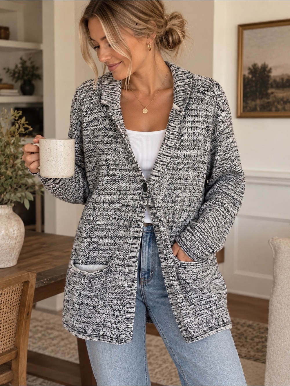 J.Jill Wearever Marled Chunky Cardigan Sweater Black Ivory Cozy Fall L